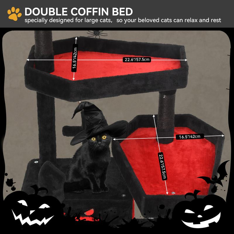 【Springtok】Dwvo Gothic Cat Tree with Coffin Bed, 63"/38.6" Tall Cat Tower for Indoor Cats with Top Perch, Spacious Cat Condos, Spider Hanging Balls,Comfy Hammock, Scratching Post and Ladder, Black Halloween