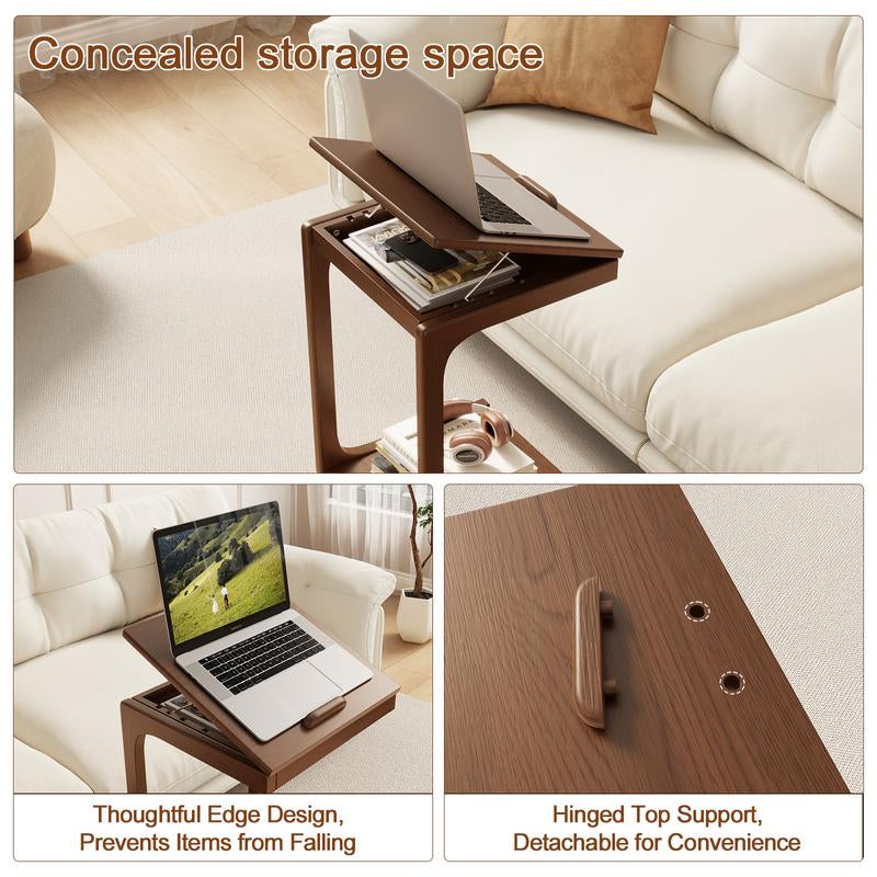 【Summer】Solid Wood Rolling Side Table for Couch, Side Table with Wheels, Small 4-Tier End Tables with Storage Bag, Mobile Couch Table Adjustable Desktop for Living Room, Soft, Bedroom - Solid Wood