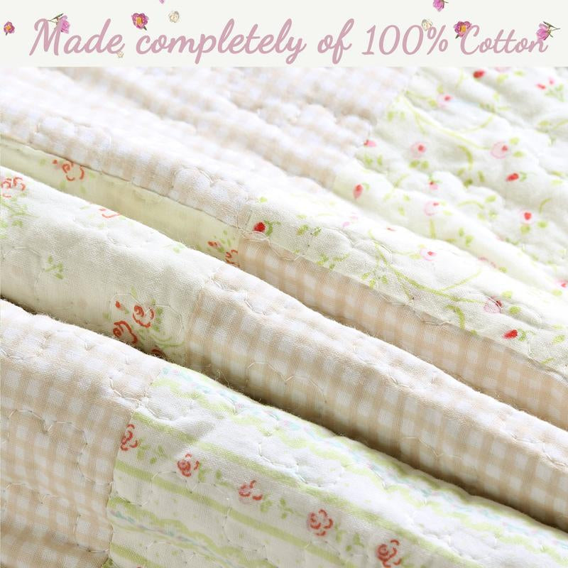Sweet Peach Pink Floral Ruffle Scalloped Real Patchwork Cotton Reversible Quilt Bedding Set