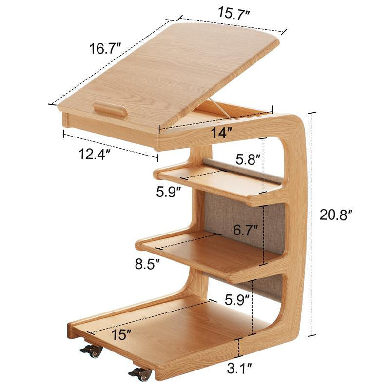 【Summer】Solid Wood Rolling Side Table for Couch, Side Table with Wheels, Small 4-Tier End Tables with Storage Bag, Mobile Couch Table Adjustable Desktop for Living Room, Soft, Bedroom - Solid Wood