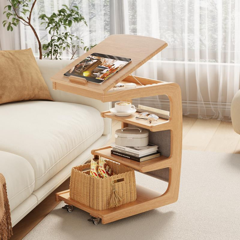 【Summer】Solid Wood Rolling Side Table for Couch, Side Table with Wheels, Small 4-Tier End Tables with Storage Bag, Mobile Couch Table Adjustable Desktop for Living Room, Soft, Bedroom - Solid Wood