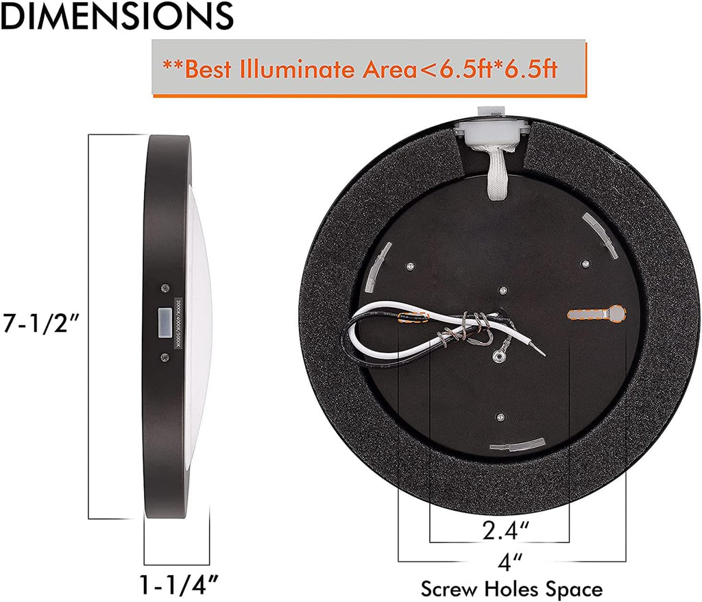 7.5 Inch 3 Color LED Flush Mount Ceiling Light 120V 12W 840LM Dimmable, CRI 90+, 3000K/4000K/5000K Adjustable, Oil Rubbed Bronze Finish