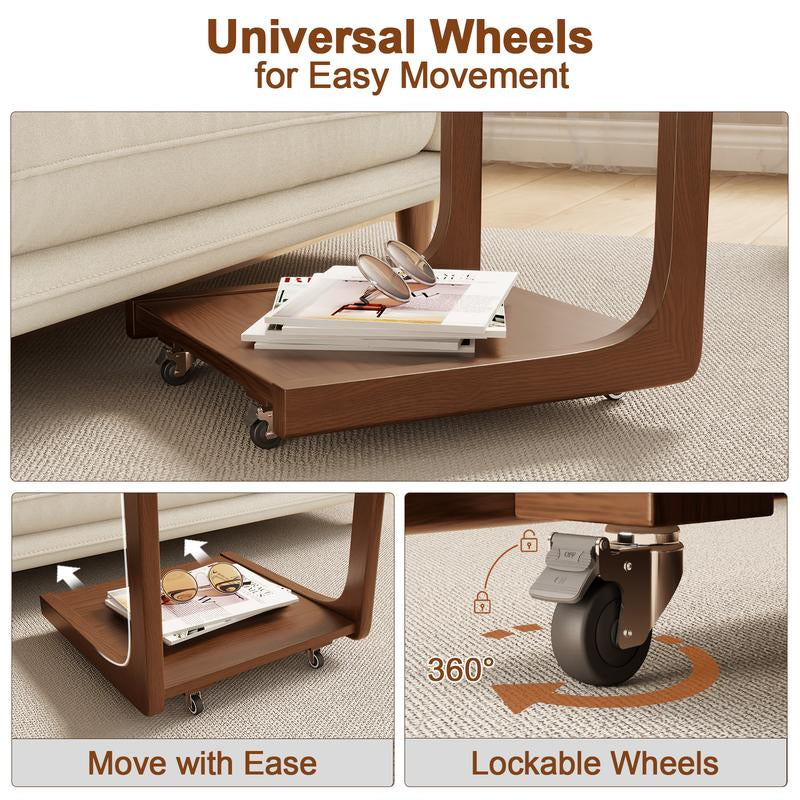 【Summer】Solid Wood Rolling Side Table for Couch, Side Table with Wheels, Small 4-Tier End Tables with Storage Bag, Mobile Couch Table Adjustable Desktop for Living Room, Soft, Bedroom - Solid Wood