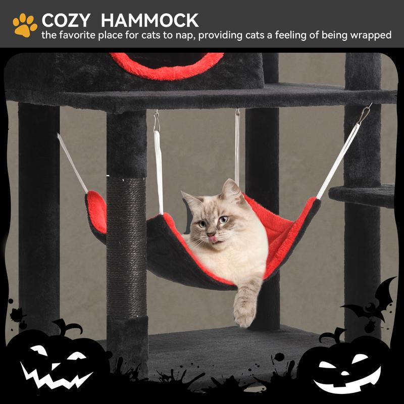 【Springtok】Dwvo Gothic Cat Tree with Coffin Bed, 63"/38.6" Tall Cat Tower for Indoor Cats with Top Perch, Spacious Cat Condos, Spider Hanging Balls,Comfy Hammock, Scratching Post and Ladder, Black Halloween