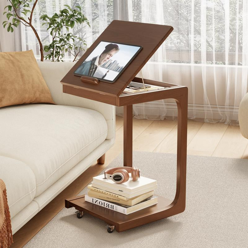 【Summer】Solid Wood Rolling Side Table for Couch, Side Table with Wheels, Small 4-Tier End Tables with Storage Bag, Mobile Couch Table Adjustable Desktop for Living Room, Soft, Bedroom - Solid Wood
