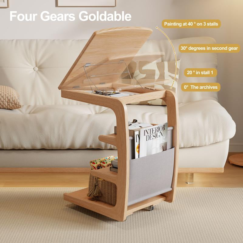 【Summer】Solid Wood Rolling Side Table for Couch, Side Table with Wheels, Small 4-Tier End Tables with Storage Bag, Mobile Couch Table Adjustable Desktop for Living Room, Soft, Bedroom - Solid Wood