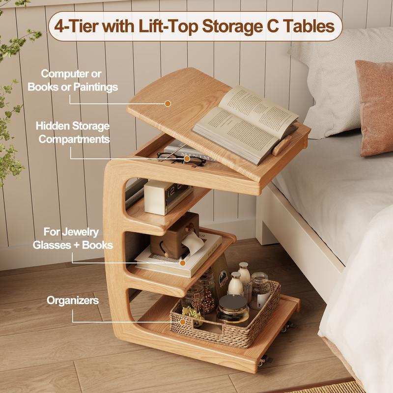 【Summer】Solid Wood Rolling Side Table for Couch, Side Table with Wheels, Small 4-Tier End Tables with Storage Bag, Mobile Couch Table Adjustable Desktop for Living Room, Soft, Bedroom - Solid Wood