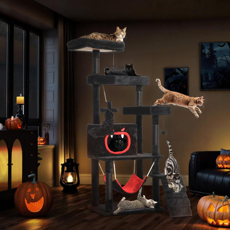 【Springtok】Dwvo Gothic Cat Tree with Coffin Bed, 63"/38.6" Tall Cat Tower for Indoor Cats with Top Perch, Spacious Cat Condos, Spider Hanging Balls,Comfy Hammock, Scratching Post and Ladder, Black Halloween