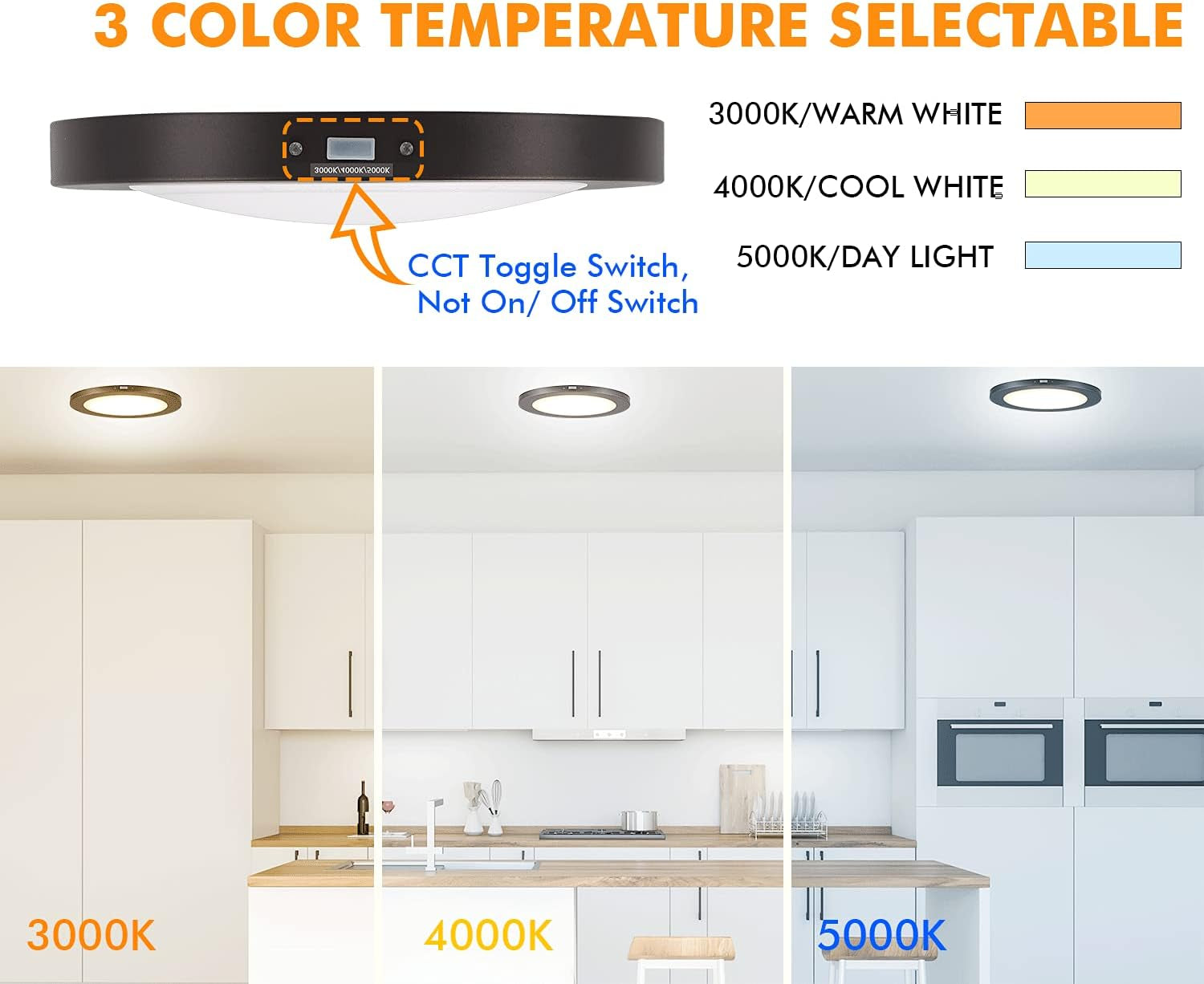 7.5 Inch 3 Color LED Flush Mount Ceiling Light 120V 12W 840LM Dimmable, CRI 90+, 3000K/4000K/5000K Adjustable, Oil Rubbed Bronze Finish