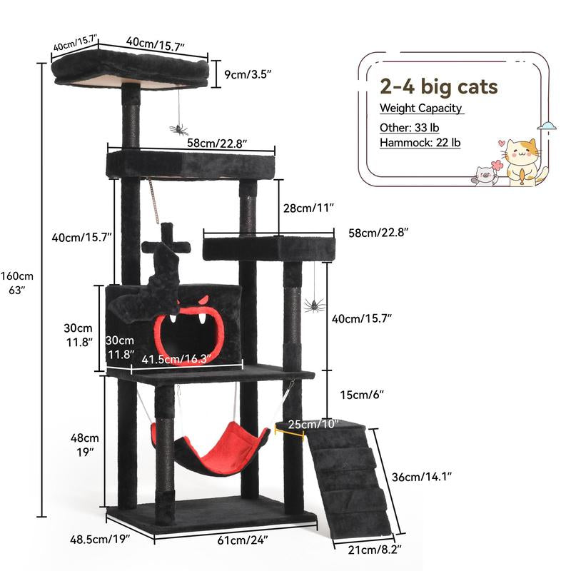 【Springtok】Dwvo Gothic Cat Tree with Coffin Bed, 63"/38.6" Tall Cat Tower for Indoor Cats with Top Perch, Spacious Cat Condos, Spider Hanging Balls,Comfy Hammock, Scratching Post and Ladder, Black Halloween