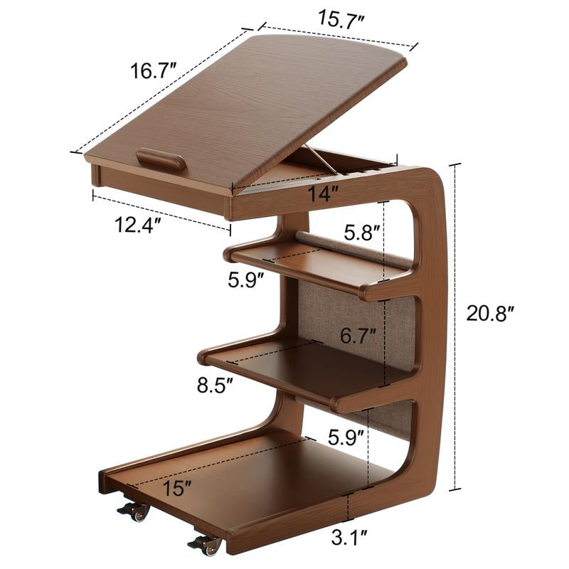 【Summer】Solid Wood Rolling Side Table for Couch, Side Table with Wheels, Small 4-Tier End Tables with Storage Bag, Mobile Couch Table Adjustable Desktop for Living Room, Soft, Bedroom - Solid Wood