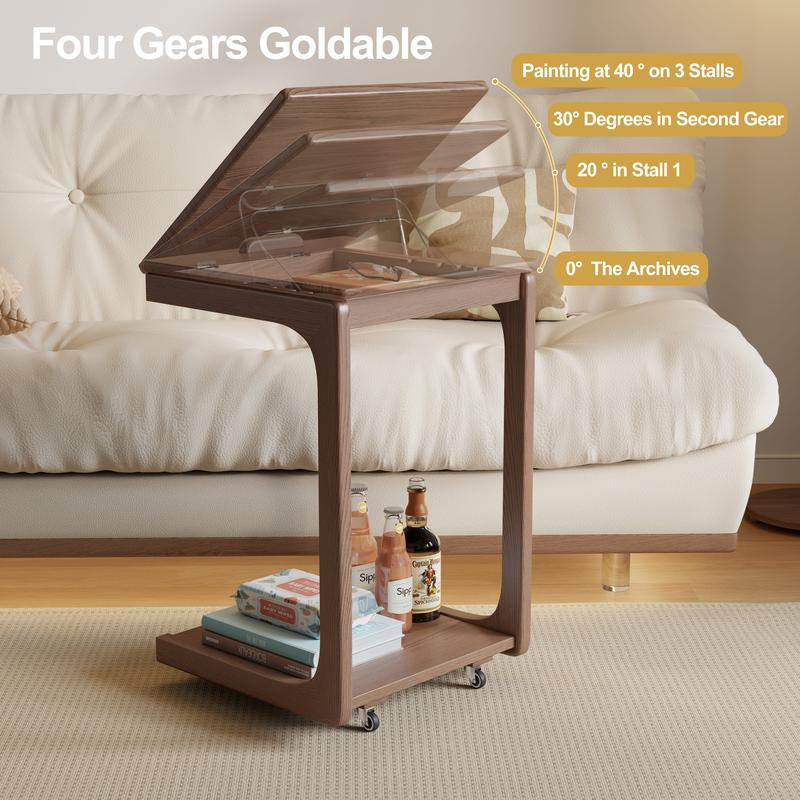 【Summer】Solid Wood Rolling Side Table for Couch, Side Table with Wheels, Small 4-Tier End Tables with Storage Bag, Mobile Couch Table Adjustable Desktop for Living Room, Soft, Bedroom - Solid Wood