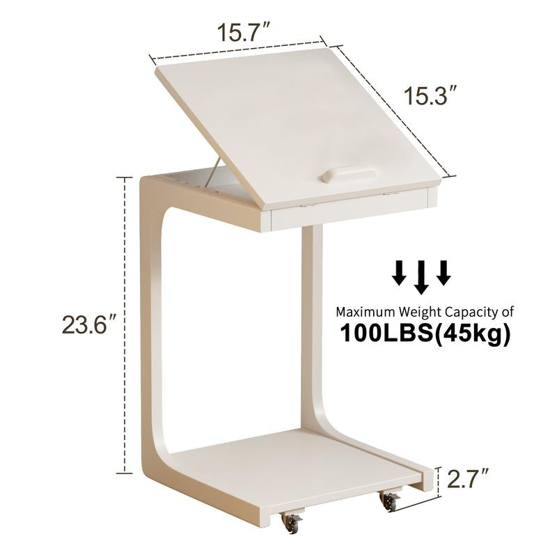 【Summer】Solid Wood Rolling Side Table for Couch, Side Table with Wheels, Small 4-Tier End Tables with Storage Bag, Mobile Couch Table Adjustable Desktop for Living Room, Soft, Bedroom - Solid Wood