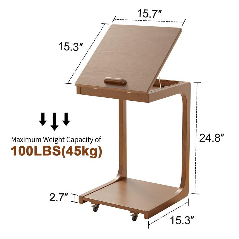 【Summer】Solid Wood Rolling Side Table for Couch, Side Table with Wheels, Small 4-Tier End Tables with Storage Bag, Mobile Couch Table Adjustable Desktop for Living Room, Soft, Bedroom - Solid Wood
