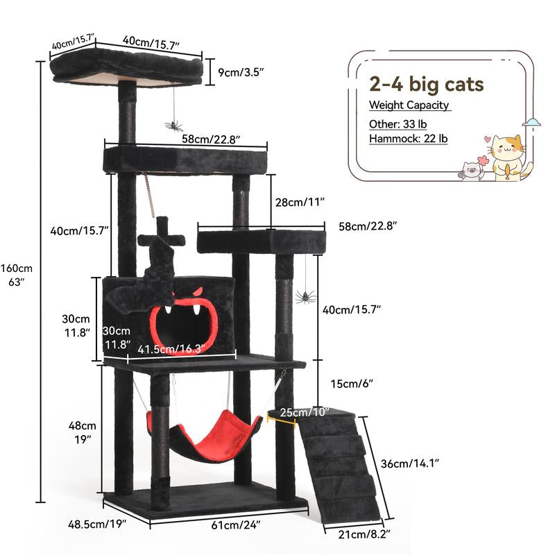 【Springtok】Dwvo Gothic Cat Tree with Coffin Bed, 63"/38.6" Tall Cat Tower for Indoor Cats with Top Perch, Spacious Cat Condos, Spider Hanging Balls,Comfy Hammock, Scratching Post and Ladder, Black Halloween