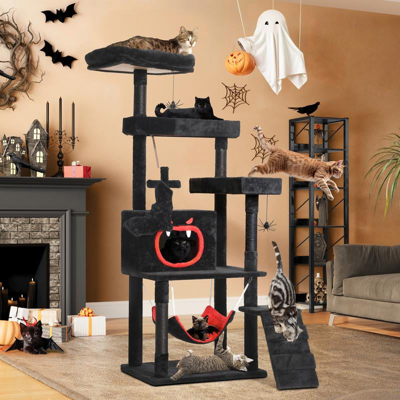 【Springtok】Dwvo Gothic Cat Tree with Coffin Bed, 63"/38.6" Tall Cat Tower for Indoor Cats with Top Perch, Spacious Cat Condos, Spider Hanging Balls,Comfy Hammock, Scratching Post and Ladder, Black Halloween