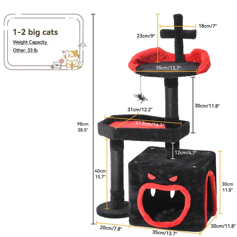 【Springtok】Dwvo Gothic Cat Tree with Coffin Bed, 63"/38.6" Tall Cat Tower for Indoor Cats with Top Perch, Spacious Cat Condos, Spider Hanging Balls,Comfy Hammock, Scratching Post and Ladder, Black Halloween