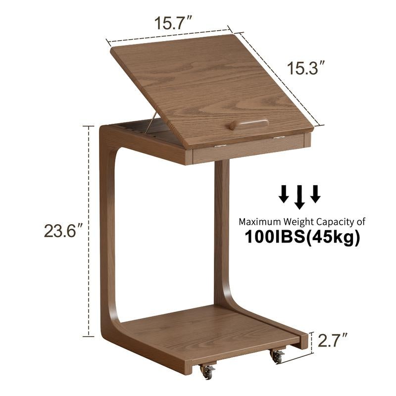 【Summer】Solid Wood Rolling Side Table for Couch, Side Table with Wheels, Small 4-Tier End Tables with Storage Bag, Mobile Couch Table Adjustable Desktop for Living Room, Soft, Bedroom - Solid Wood