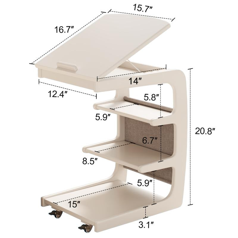 【Summer】Solid Wood Rolling Side Table for Couch, Side Table with Wheels, Small 4-Tier End Tables with Storage Bag, Mobile Couch Table Adjustable Desktop for Living Room, Soft, Bedroom - Solid Wood