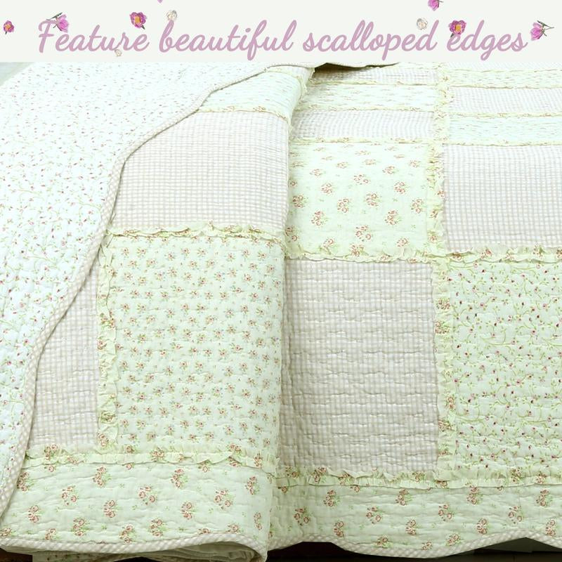 Sweet Peach Pink Floral Ruffle Scalloped Real Patchwork Cotton Reversible Quilt Bedding Set